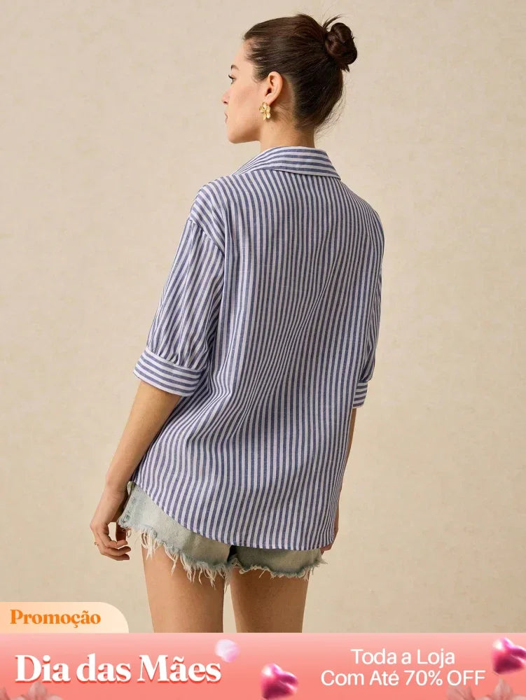 Blusa Social Listrada Manga 3/4 com Botões Blusa Social Listrada Manga 3/4 com Botões