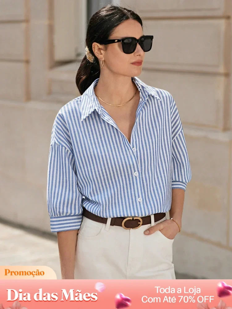 Blusa Social Listrada Manga 3/4 com Botões Blusa Social Listrada Manga 3/4 com Botões