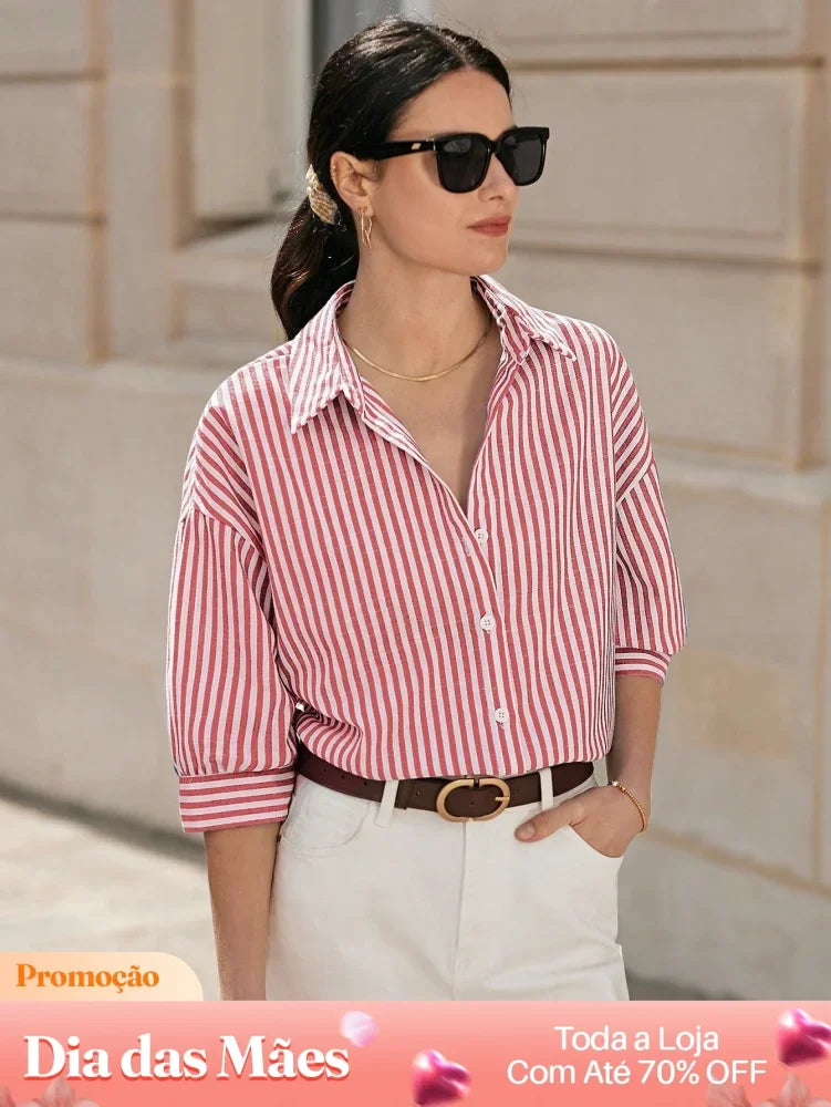 Blusa Social Listrada Manga 3/4 com Botões Blusa Social Listrada Manga 3/4 com Botões