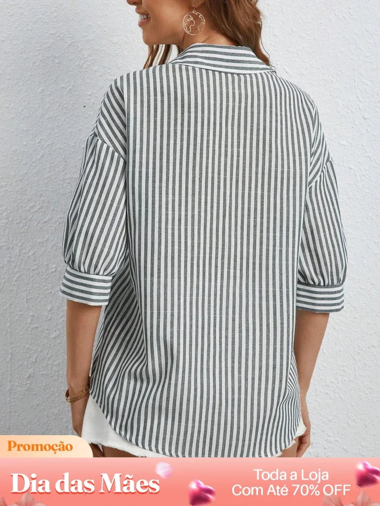 Blusa Social Listrada Manga 3/4 com Botões Blusa Social Listrada Manga 3/4 com Botões