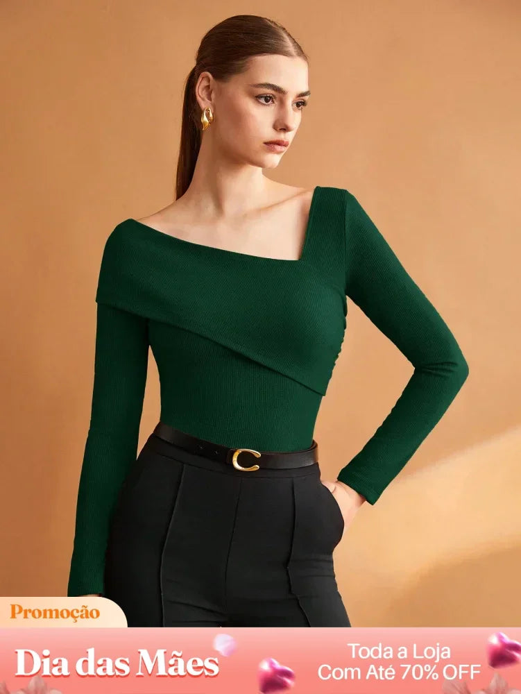 Blusa Casual Assimétrica Canelada com Manga Longa Verde Escuro / P Blusa Casual Assimétrica Canelada com Manga Longa
