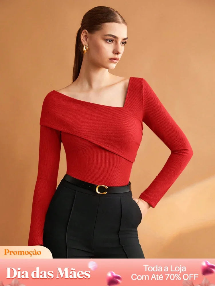 Blusa Casual Assimétrica Canelada com Manga Longa Vermelho / P Blusa Casual Assimétrica Canelada com Manga Longa
