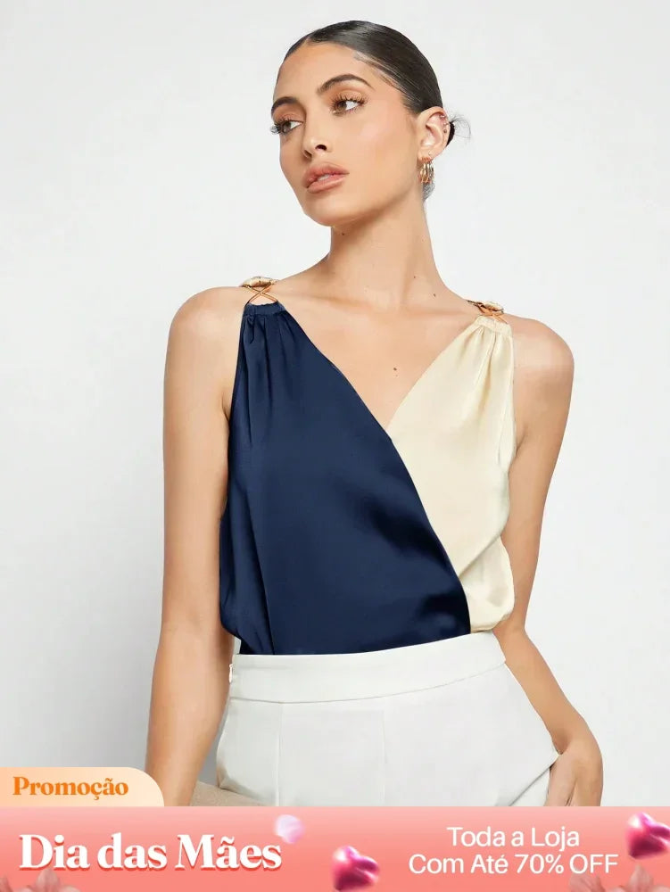 Blusa Casual de Cetim Bicolor com Alças de Metal Charmoso Azul Royal / P Blusa Casual de Cetim Bicolor com Alças de