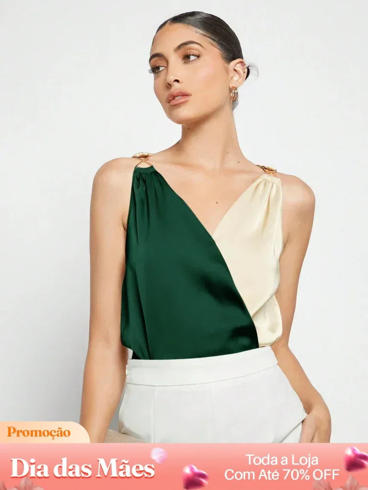 Blusa Casual de Cetim Bicolor com Alças de Metal Charmoso Verde Escuro / P Blusa Casual de Cetim Bicolor com Alças de