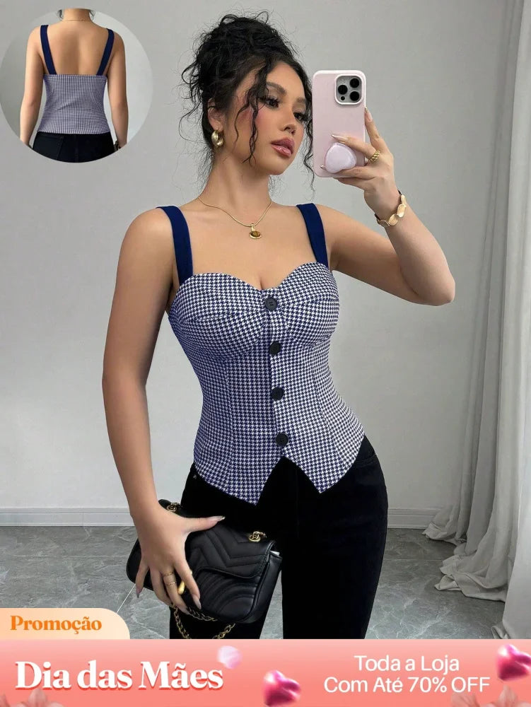 Blusa Casual Estampada com Botões e Alças Finas Azul Marinho / P Blusa Casual Estampada com Botões e Alças Finas
