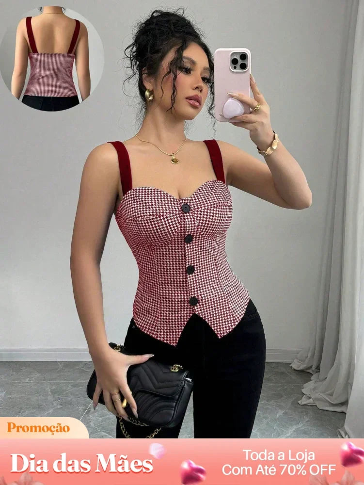 Blusa Casual Estampada com Botões e Alças Finas Vinho / P Blusa Casual Estampada com Botões e Alças Finas
