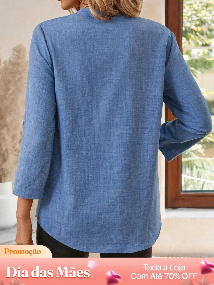 Blusa Casual Manga Longa com Detalhe em Botões e Bolsos Blusa Casual Manga Longa com Detalhe em Botões e Bolsos