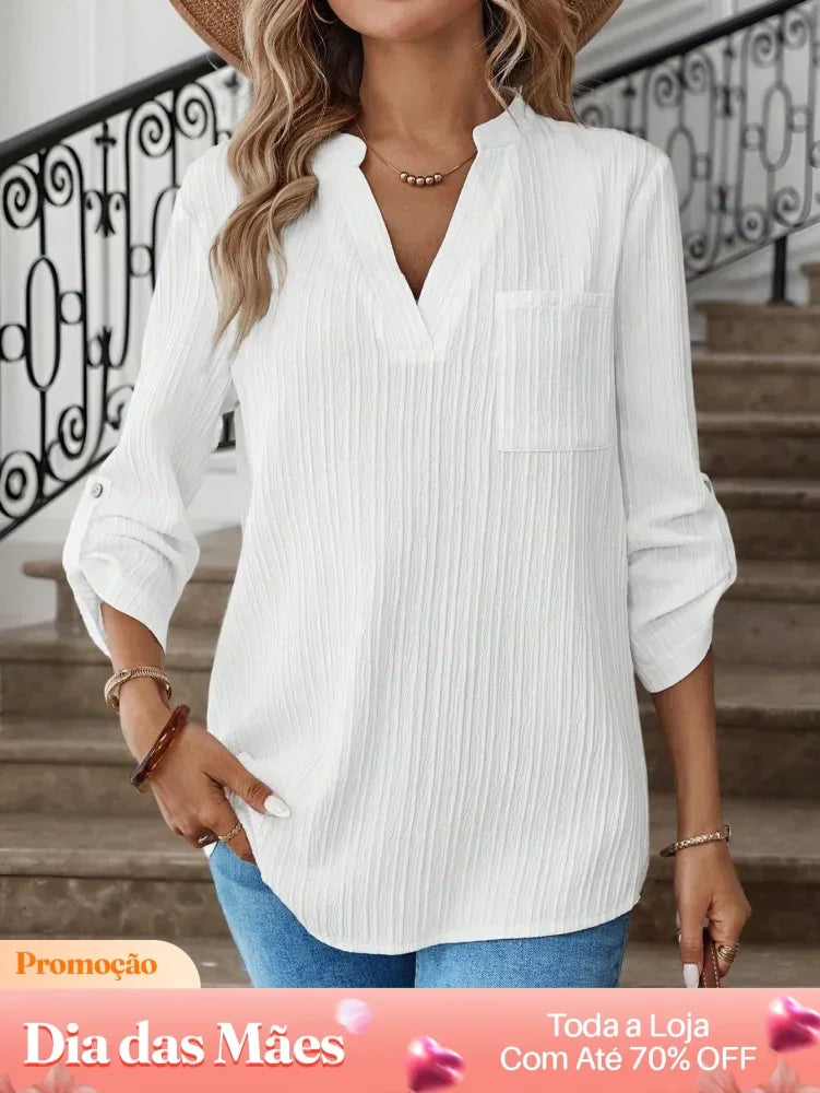 Blusa Casual Manga Longa com Detalhe em Botões e Bolsos Branco / P Blusa Casual Manga Longa com Detalhe em Botões e