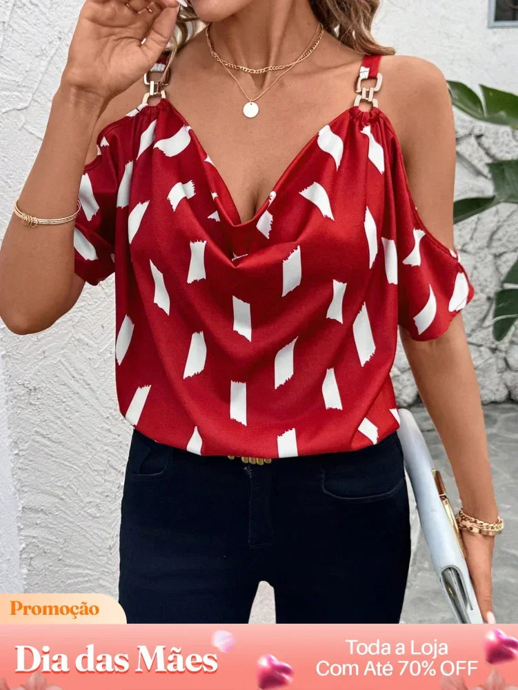 Blusa Casual Ombro Vazado com Estampa Abstrata e Alças Metalizadas Multicolorido / P Blusa Casual Ombro Vazado com