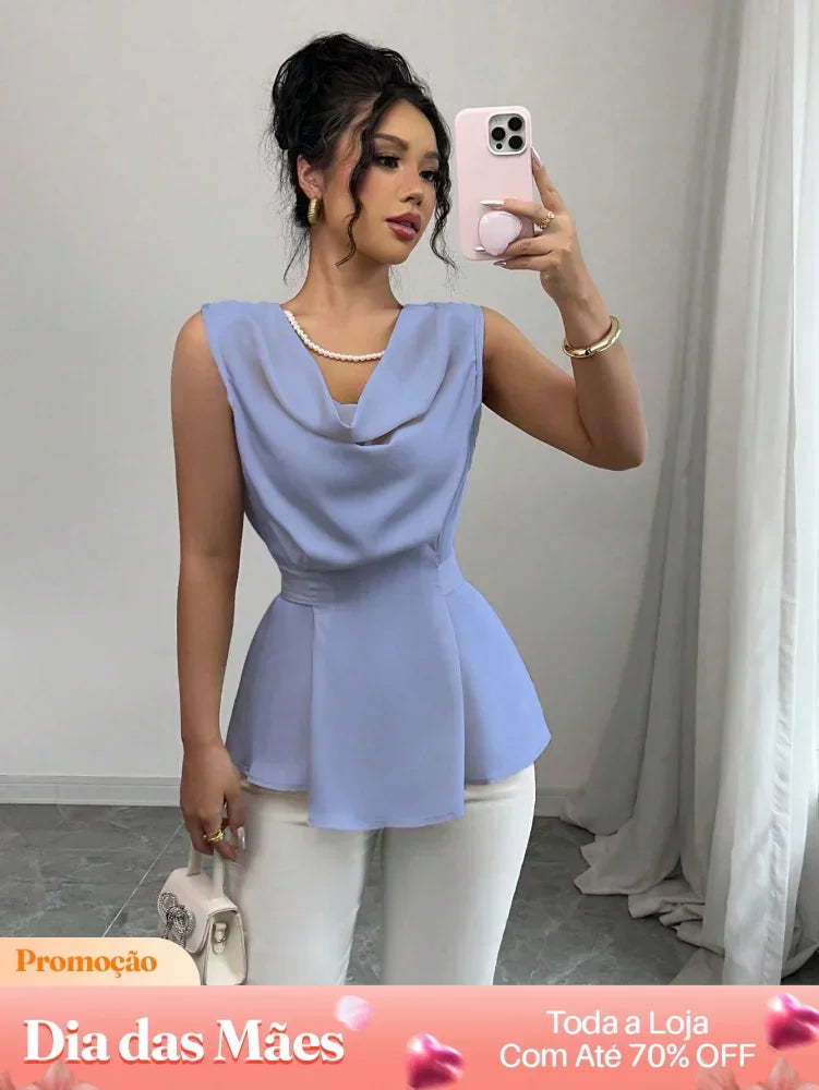 Blusa Casual Peplum Decote Drapeado Elegante Azul / P Blusa Casual Peplum Decote Drapeado Elegante