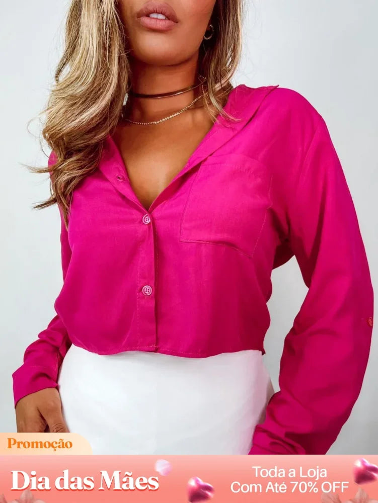 Blusa Cropped Branca com Botões e Bolso Frontal Pink / P Blusa Cropped Branca com Botões e Bolso Frontal