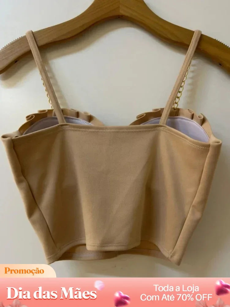 Blusa Cropped com Alças de Corrente e Detalhe Plissado Blusa Cropped com Alças de Corrente e Detalhe Plissado