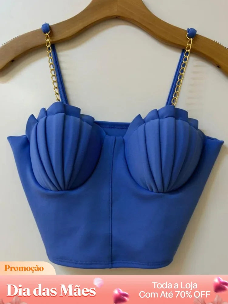 Blusa Cropped com Alças de Corrente e Detalhe Plissado Azul / P Blusa Cropped com Alças de Corrente e Detalhe Plissado