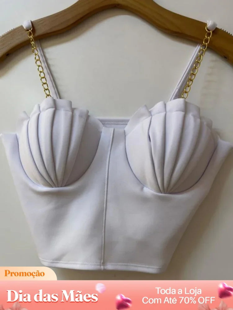 Blusa Cropped com Alças de Corrente e Detalhe Plissado Branco / P Blusa Cropped com Alças de Corrente e Detalhe Plissado