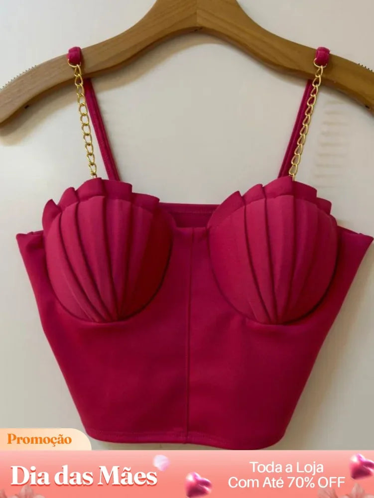 Blusa Cropped com Alças de Corrente e Detalhe Plissado Pink / P Blusa Cropped com Alças de Corrente e Detalhe Plissado