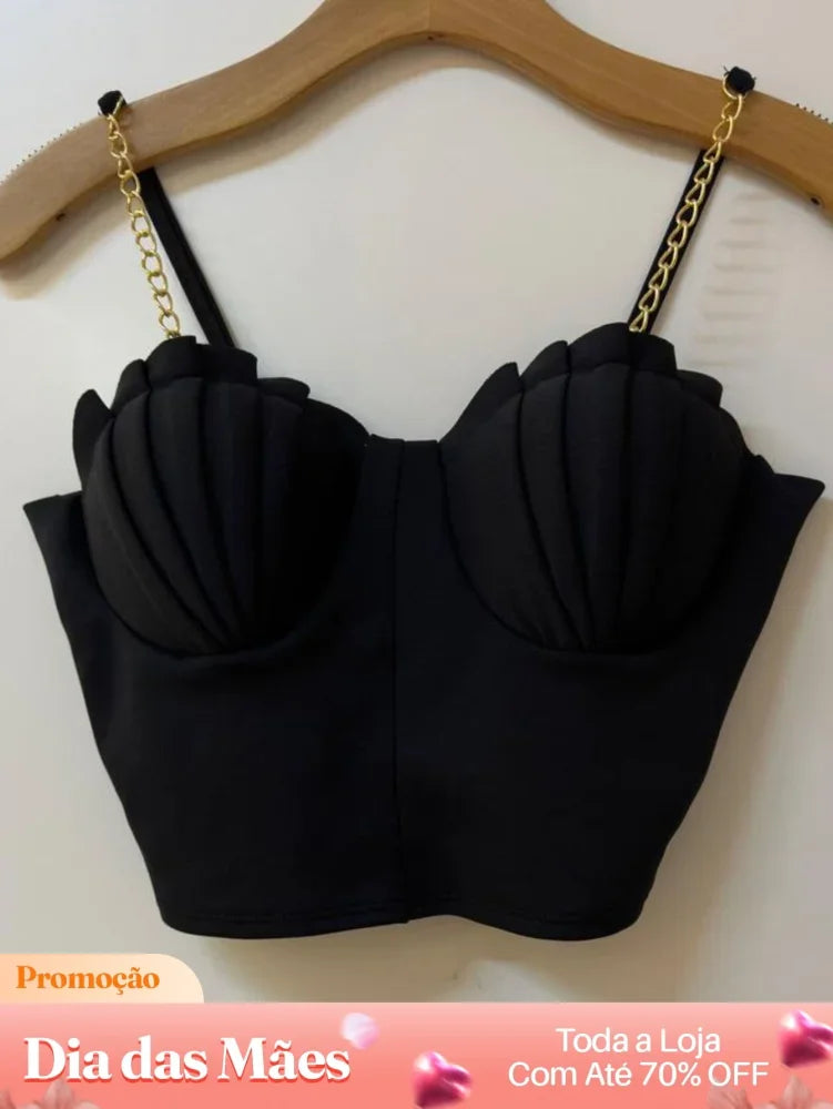 Blusa Cropped com Alças de Corrente e Detalhe Plissado Preto / P Blusa Cropped com Alças de Corrente e Detalhe Plissado