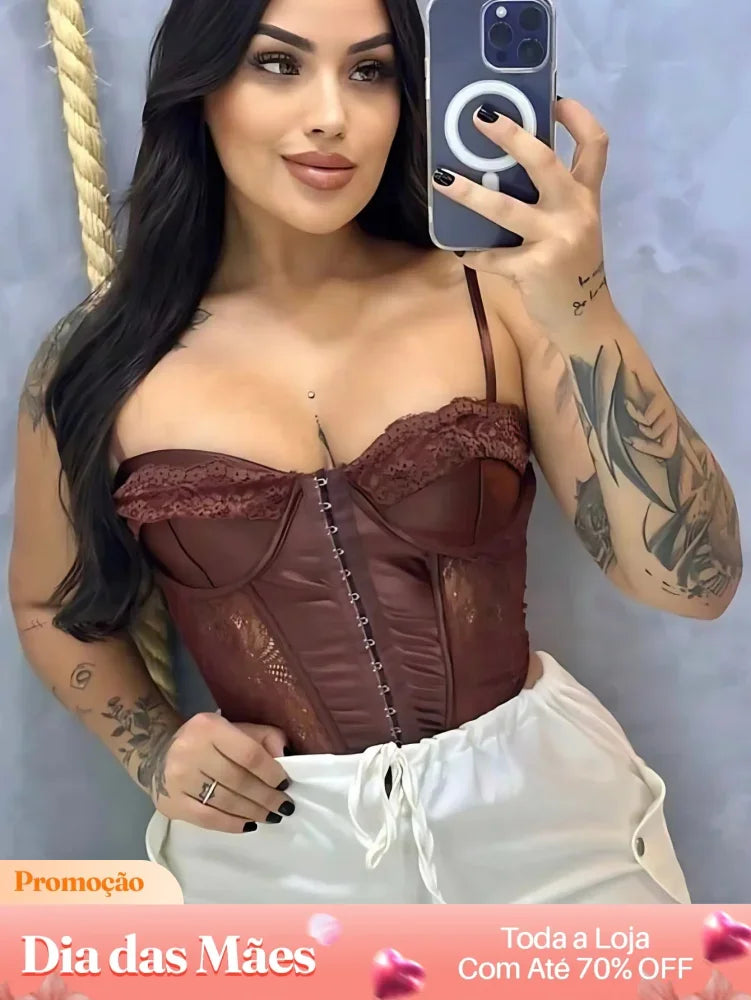 Blusa Cropped Corset Renda Alça Fina Ajustada Blusa Cropped Corset Renda Alça Fina Ajustada