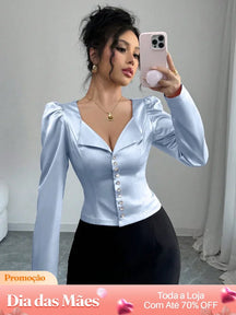 Blusa Cropped de Cetim com Botões e Mangas Bufantes Azul / P Blusa Cropped Alfaiataria Estampada com Botões