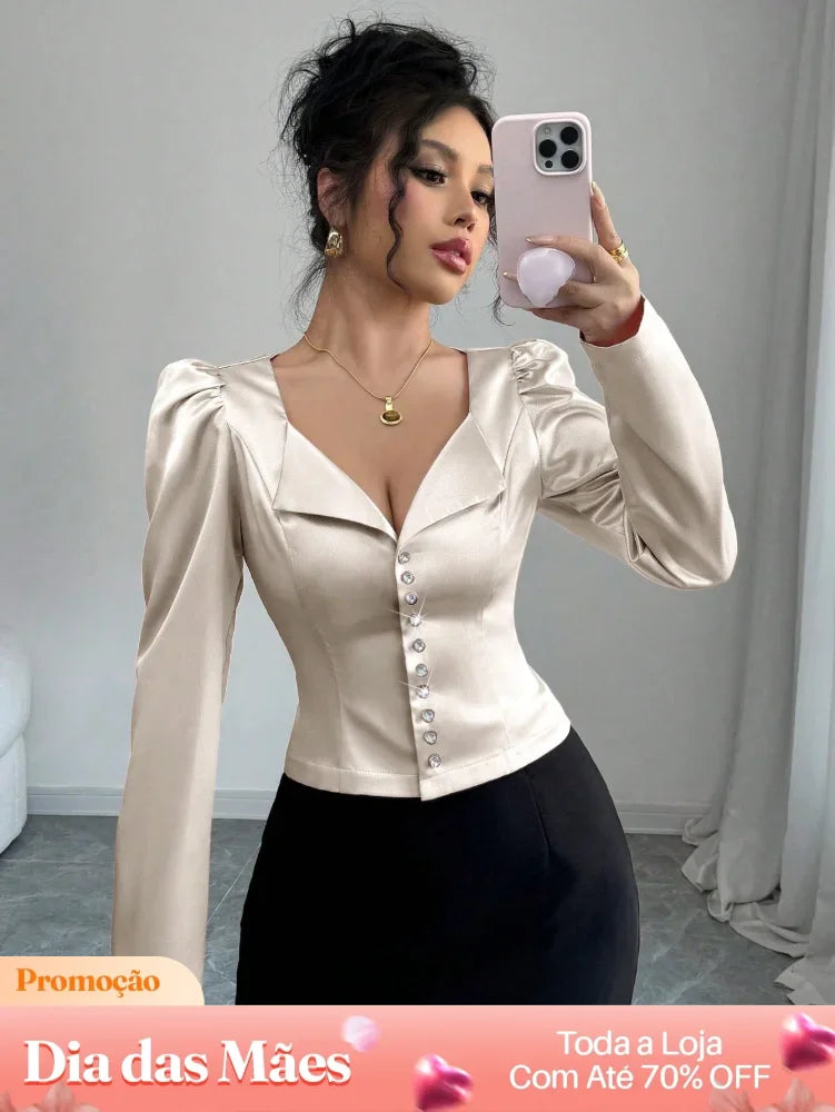 Blusa Cropped de Cetim com Botões e Mangas Bufantes Damasco / P Blusa Cropped Alfaiataria Estampada com Botões
