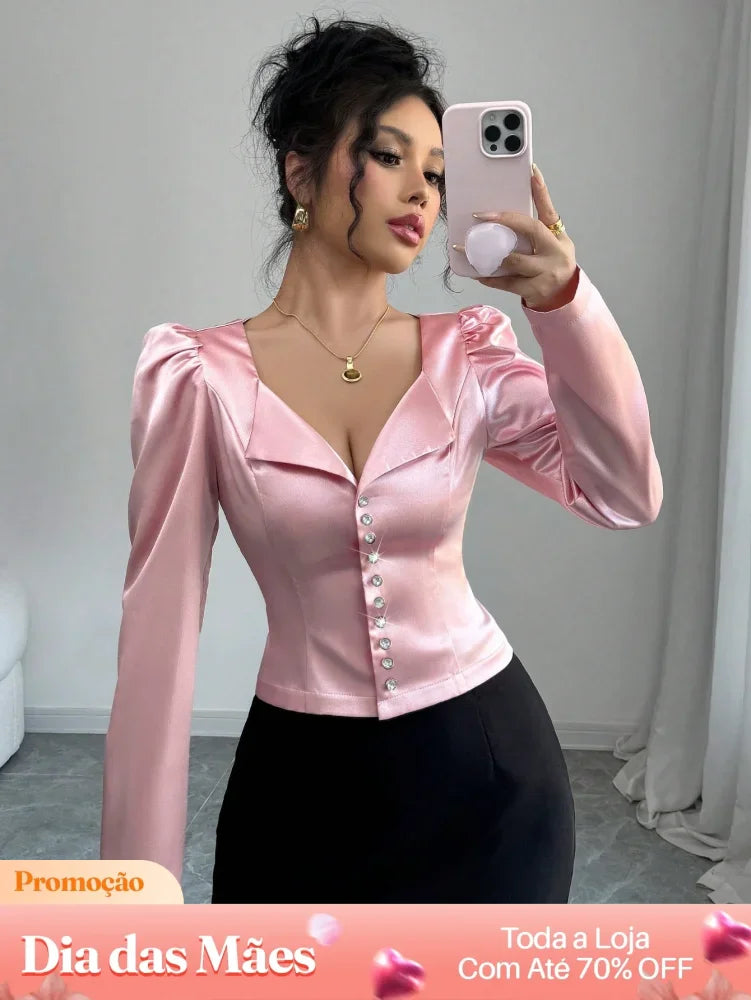 Blusa Cropped de Cetim com Botões e Mangas Bufantes Rosa Chiclete / P Blusa Cropped Alfaiataria Estampada com Botões