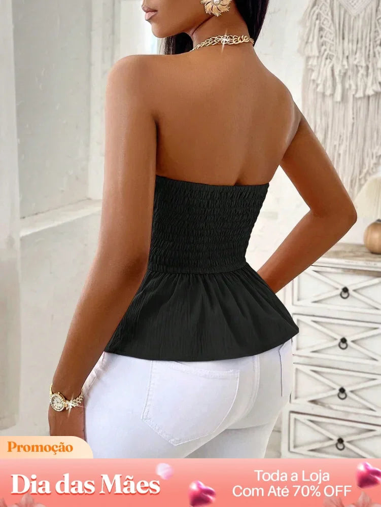 Blusa Cropped Tomara que Caia com Cintura Marcada e Babado Blusa Cropped Alfaiataria Estampada com Botões