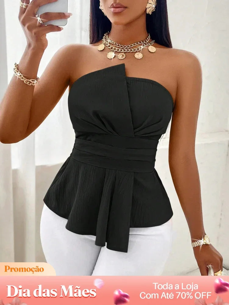 Blusa Cropped Tomara que Caia com Cintura Marcada e Babado Preto / P Blusa Cropped Alfaiataria Estampada com Botões