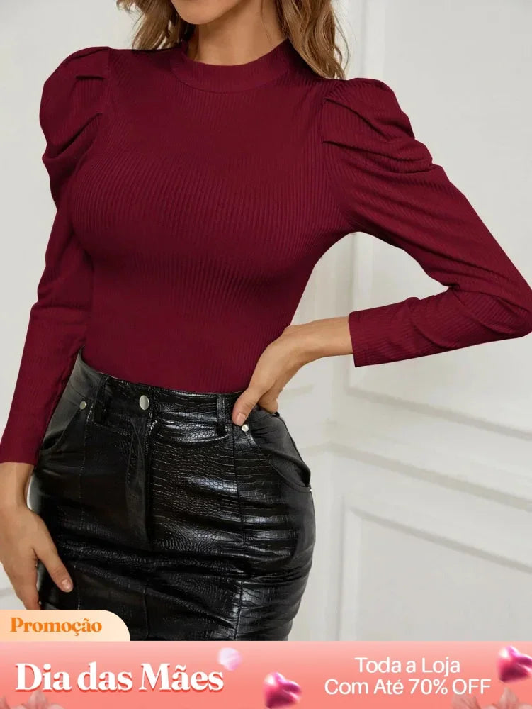 Blusa Social Canelada com Gola Alta e Mangas Bufantes Vinho / P Blusa Social Canelada com Gola Alta e Mangas Bufantes