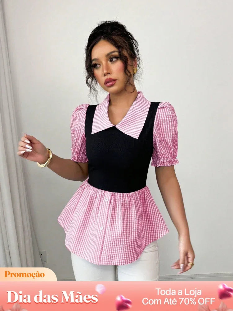 Blusa Social com Gola Mangas Bufantes e Estampa Xadrez Rosa / P Blusa Social com Gola Mangas Bufantes e Estampa Xadrez
