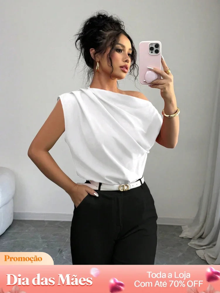 Blusa Social de Ombro Caído e Detalhe Drapeado Branco / P Blusa Social de Ombro Caído e Detalhe Drapeado