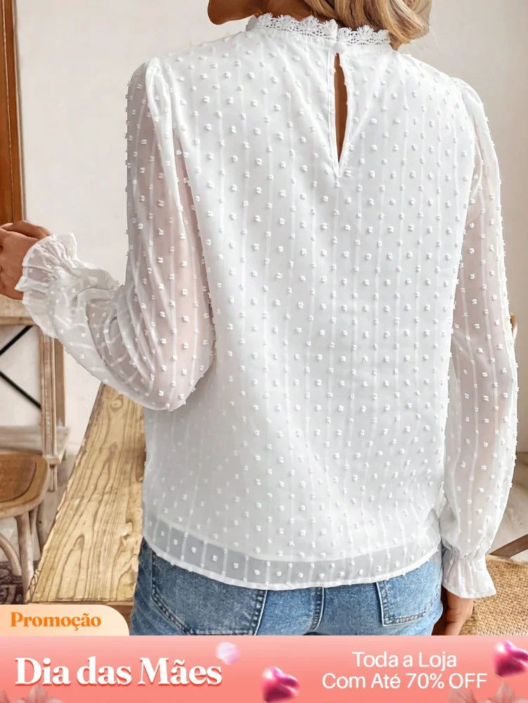 Blusa Social de Tule com Detalhes de Poá e Manga Longa Blusa Social de Tule com Detalhes de Poá e Manga Longa