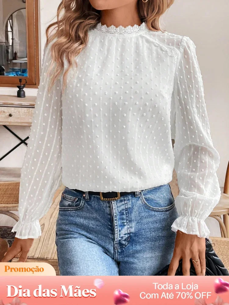 Blusa Social de Tule com Detalhes de Poá e Manga Longa Branco / P Blusa Social de Tule com Detalhes de Poá e Manga Longa