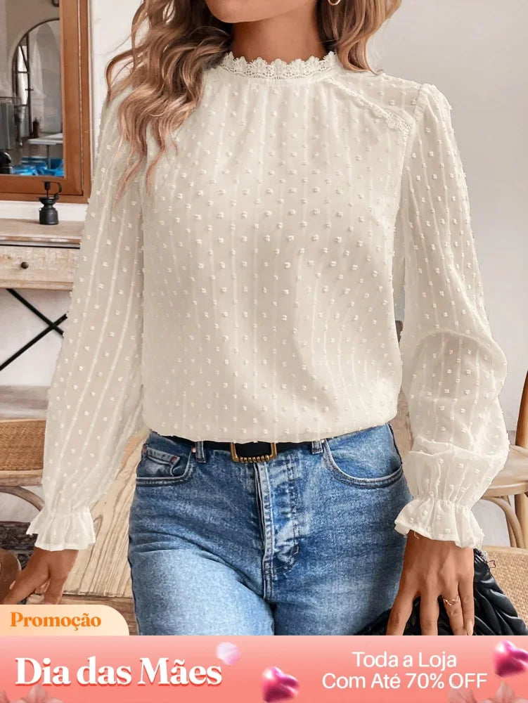Blusa Social de Tule com Detalhes de Poá e Manga Longa Damasco / P Blusa Social de Tule com Detalhes de Poá e Manga
