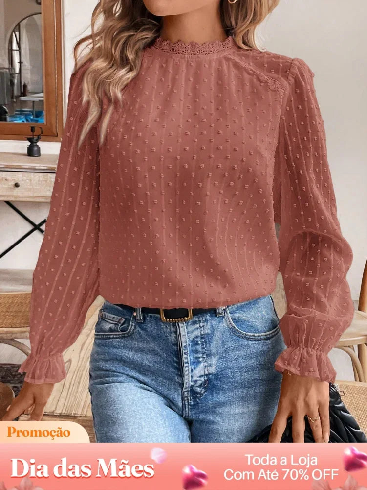 Blusa Social de Tule com Detalhes de Poá e Manga Longa Rosa / P Blusa Social de Tule com Detalhes de Poá e Manga Longa