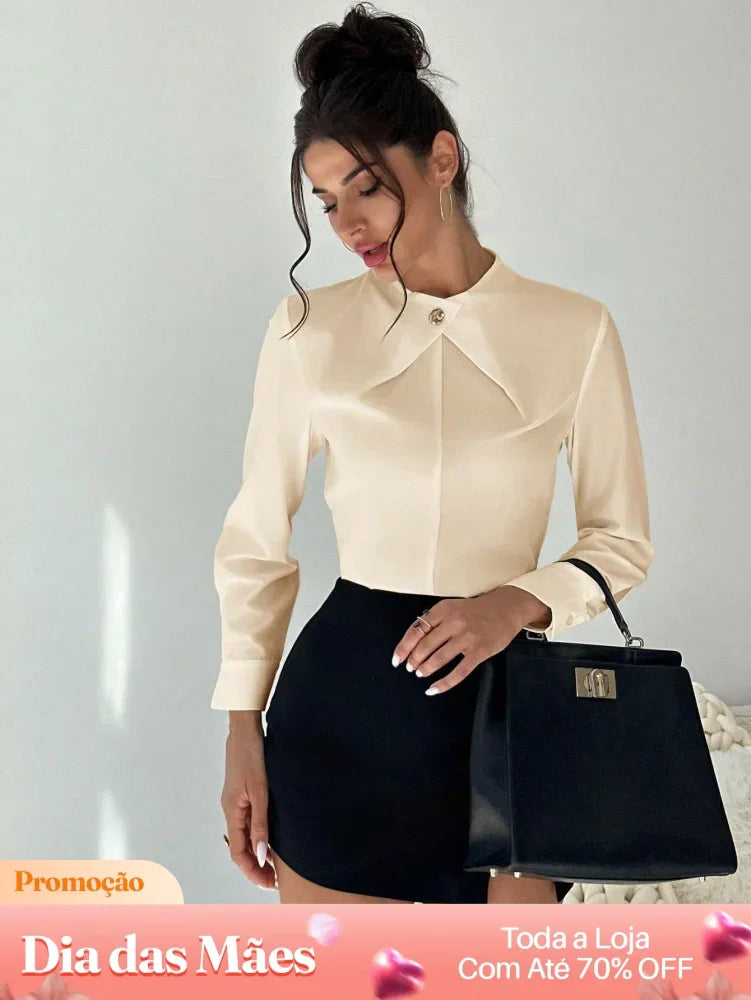 Blusa Social Elegante com Gola Diferenciada e Botão Damasco / P Blusa Social Elegante com Gola Diferenciada e Botão