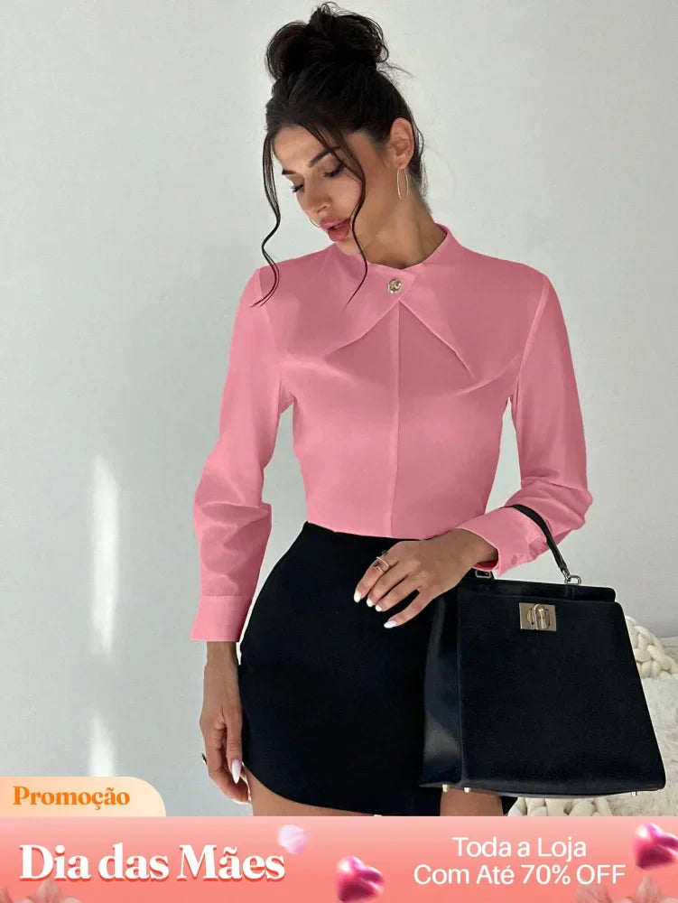Blusa Social Elegante com Gola Diferenciada e Botão Rosa / P Blusa Social Elegante com Gola Diferenciada e Botão