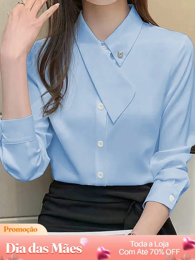 Blusa Social Elegante com Gola Laço e Botões Delicados Azul / P Blusa Social Elegante com Gola Laço e Botões Delicados
