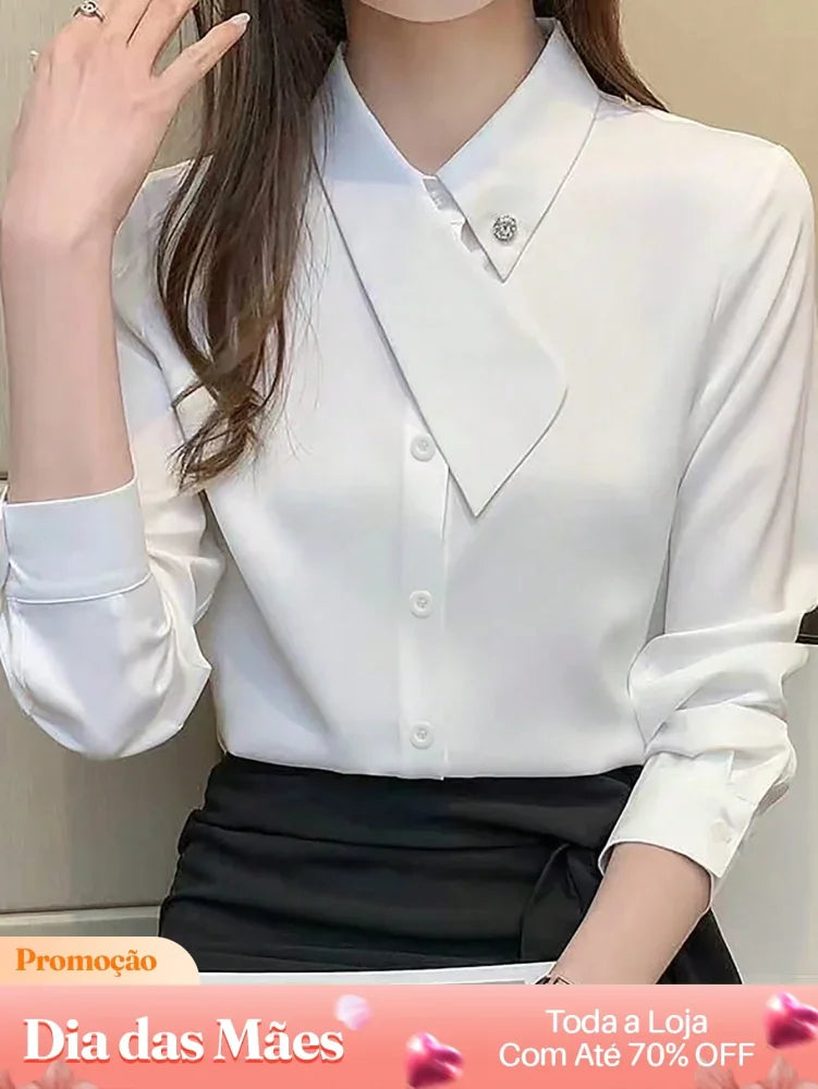Blusa Social Elegante com Gola Laço e Botões Delicados Branco / P Blusa Social Elegante com Gola Laço e Botões Delicados