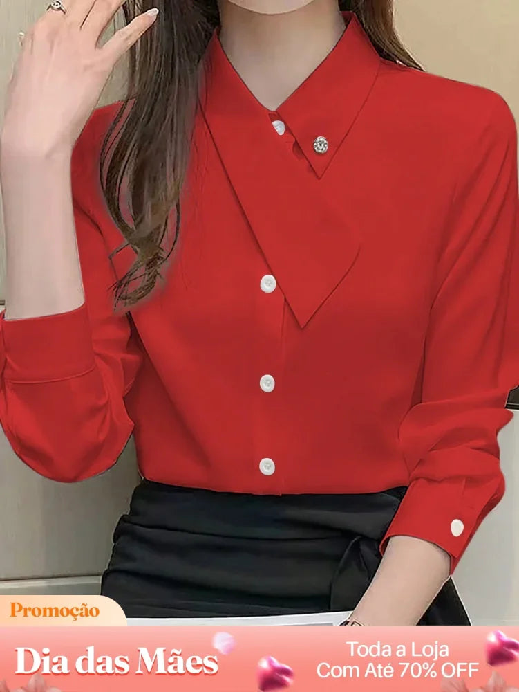 Blusa Social Elegante com Gola Laço e Botões Delicados Vermelho / P Blusa Social Elegante com Gola Laço e Botões
