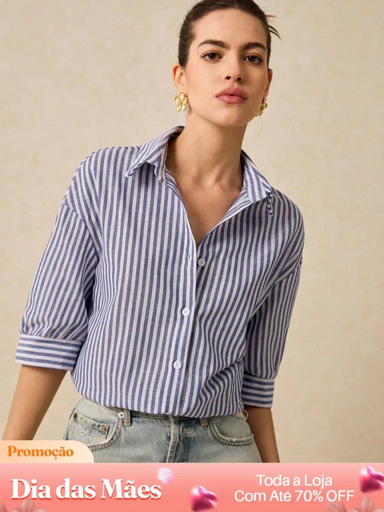 Blusa Social Listrada Manga 3/4 com Botões Azul / P Blusa Social Listrada Manga 3/4 com Botões