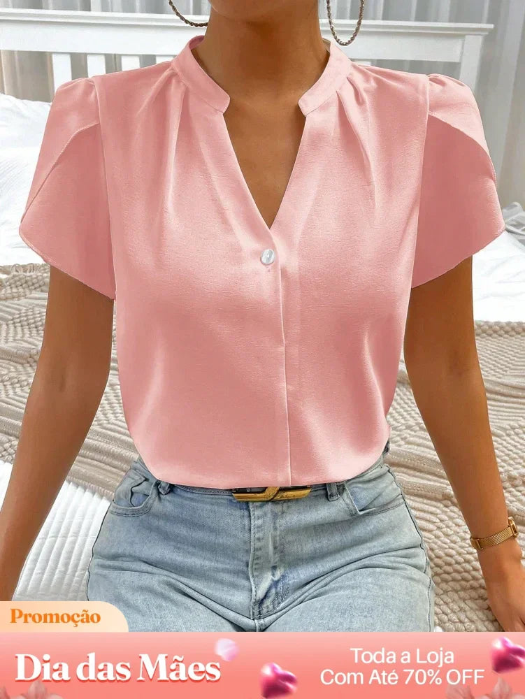 Blusa Social Manga Curta com Gola Tradicional Rosa / P Blusa Social Manga Curta com Gola Tradicional