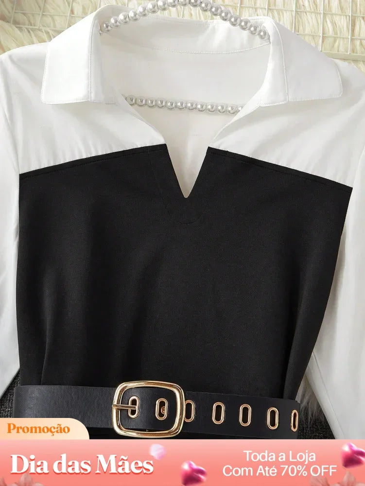 Blusa Social Manga Longa com Cinto e Detalhe em Veludo Blusa Social Manga Longa com Cinto e Detalhe em Veludo