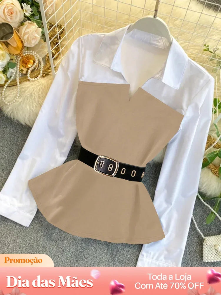 Blusa Social Manga Longa com Cinto e Detalhe em Veludo Caqui / P Blusa Social Manga Longa com Cinto e Detalhe em Veludo