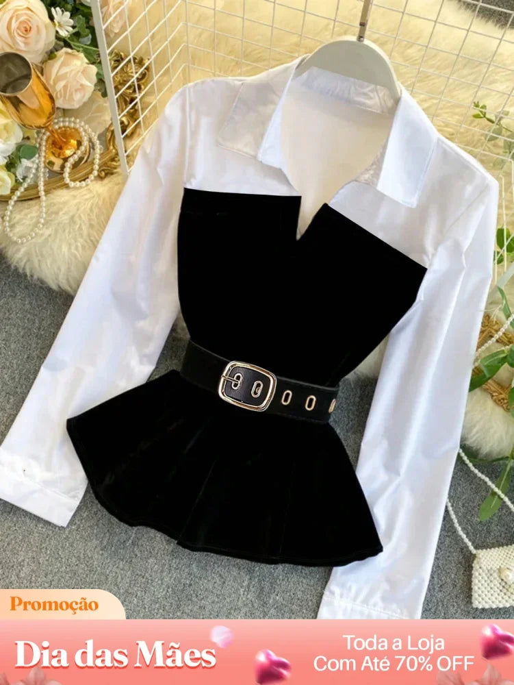 Blusa Social Manga Longa com Cinto e Detalhe em Veludo Preto / P Blusa Social Manga Longa com Cinto e Detalhe em Veludo