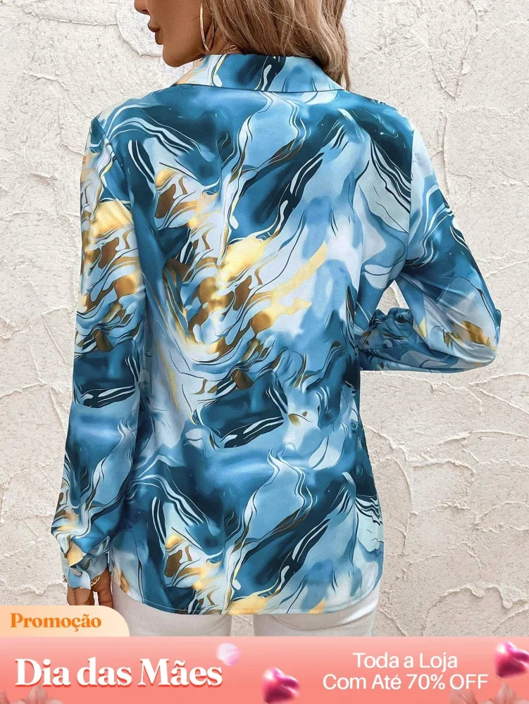 Blusa Social Manga Longa Estampada com Gola e Botões Blusa Social Manga Longa Estampada com Gola e Botões