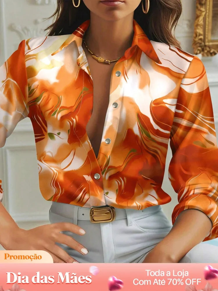 Blusa Social Manga Longa Estampada com Gola e Botões Laranja / P Blusa Social Manga Longa Estampada com Gola e Botões