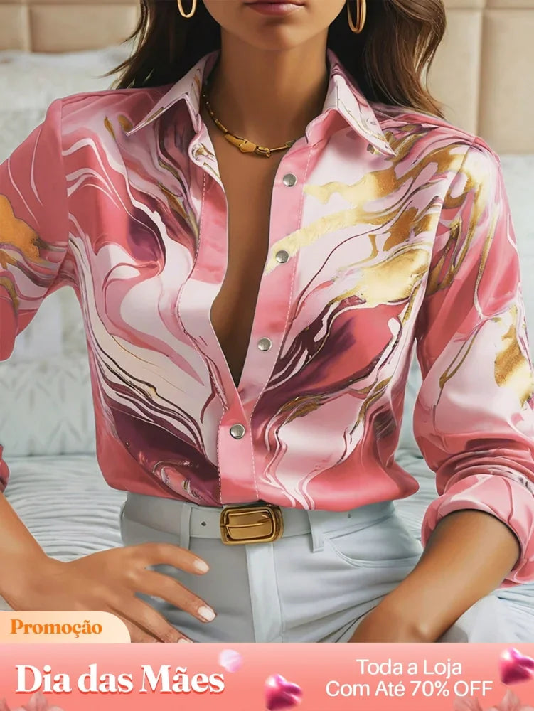 Blusa Social Manga Longa Estampada com Gola e Botões Rosa / P Blusa Social Manga Longa Estampada com Gola e Botões