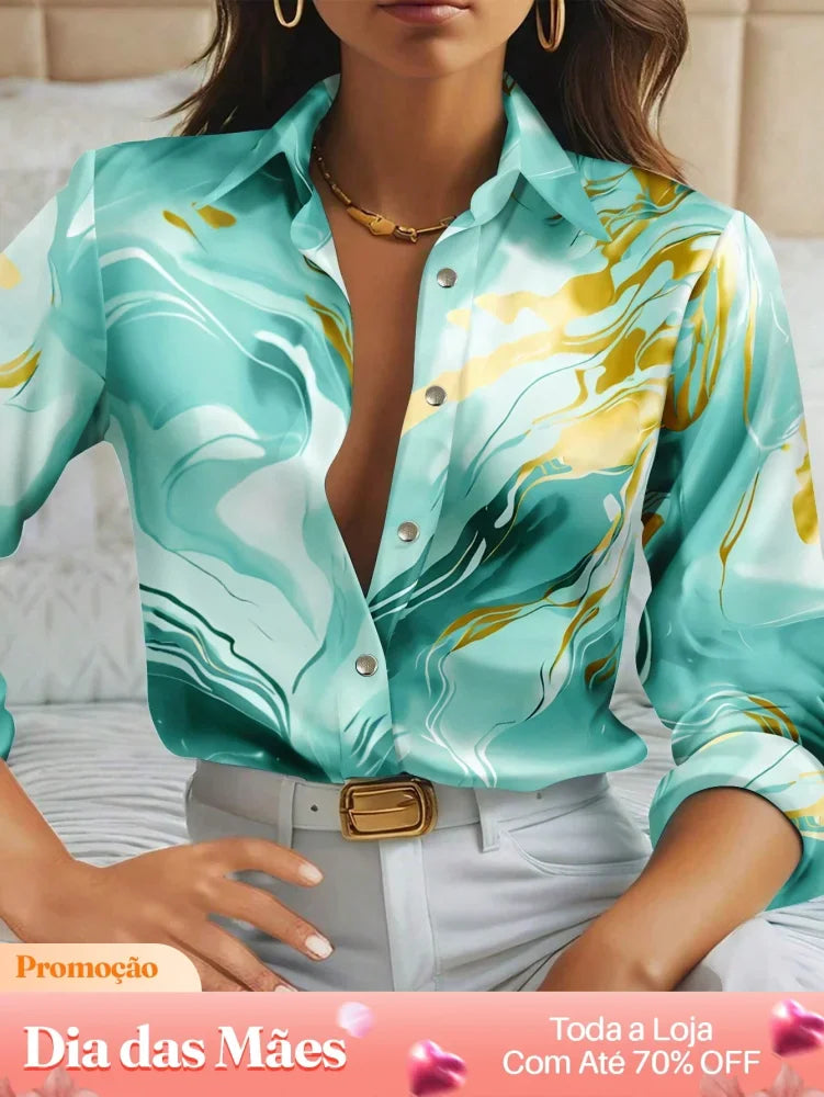 Blusa Social Manga Longa Estampada com Gola e Botões Verde / P Blusa Social Manga Longa Estampada com Gola e Botões