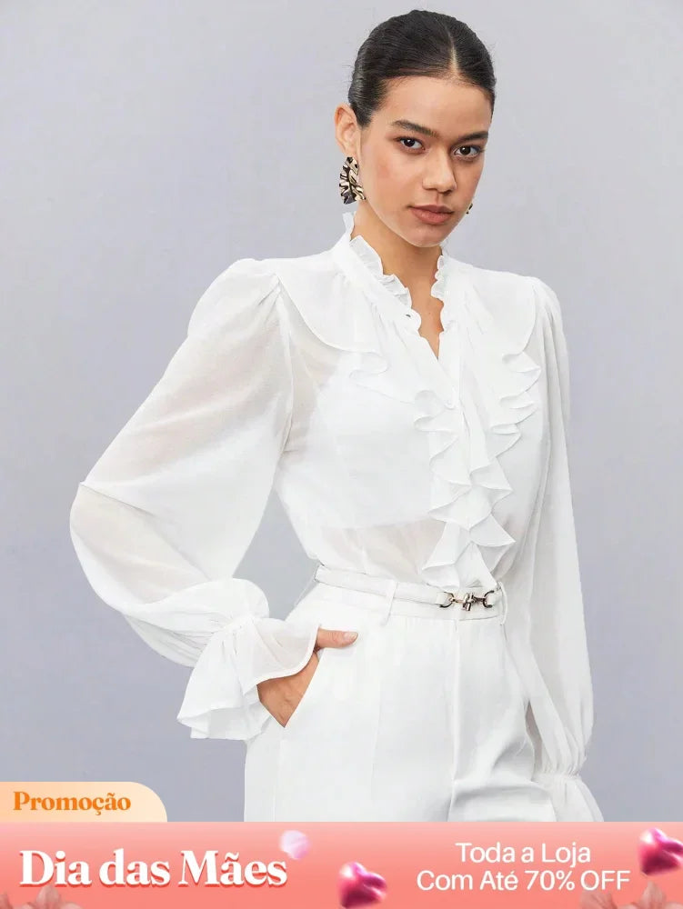 Blusa Social Manga Longa Transparente com Babados Branco / P Blusa Social Manga Longa Transparente com Babados