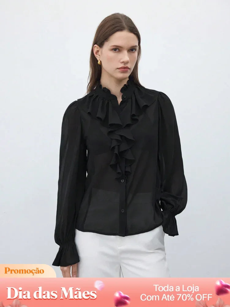 Blusa Social Manga Longa Transparente com Babados Preto / P Blusa Social Manga Longa Transparente com Babados