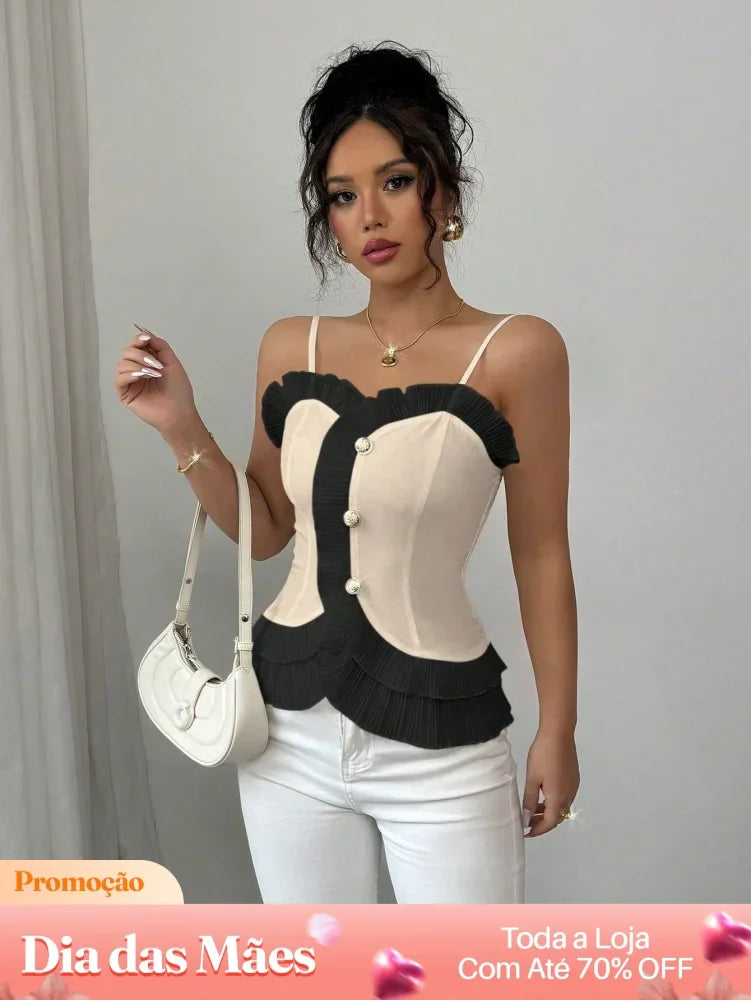 Blusa Social Plissada com Botões e Alças Finas Damasco / P Blusa Social Plissada com Botões e Alças Finas